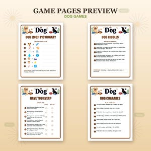 Peut inclure: Un ensemble de quatre feuilles de jeux imprimables intitul&eacute;es Dog Games, comprenant Dog Emoji Pictionary, Dog Riddles, Have You Ever et Dog Charades. Chaque page blanche contient du texte marron, des listes num&eacute;rot&eacute;es, des cases &agrave; cocher et des illustrations de golden retriever et de silhouettes de chiens noirs.