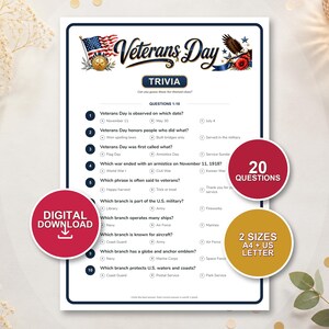 May include: A Veterans Day trivia game sheet featuring a patriotic header with an American flag, a bald eagle, and red poppies. The document includes ten multiple-choice questions, a digital download badge, and a label indicating 20 questions in two sizes.
