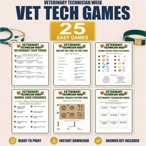 Puede incluir: Un conjunto de seis hojas de juegos imprimibles para la semana del técnico veterinario, que incluyen trivia, emparejamiento, pictionary de emojis, charadas, cuestionario de huellas animales y bingo. Se ven un estetoscopio y un collar.