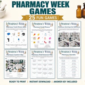 May include: A collection of six printable Pharmacy Week game sheets featuring activities like a picture quiz, emoji phrases, spot the difference, I-Spy, find someone who, and charades, all titled Pharmacy Week with 25 fun games included.