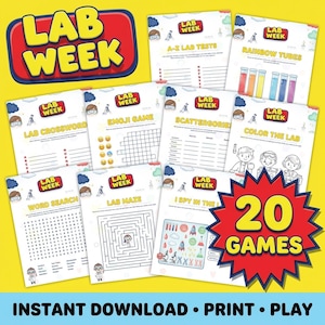 May include: A collection of printable "Lab Week" themed games on white paper, including a crossword, maze, and word search. The image features the text "20 GAMES" and "INSTANT DOWNLOAD • PRINT • PLAY" on a yellow background.