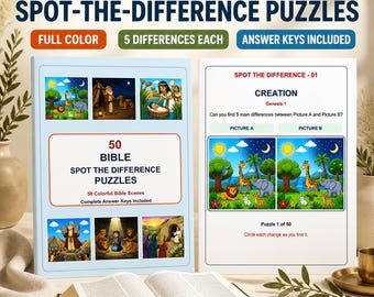 50 Bible Spot the Difference Puzzles, Color Sunday School VBS Activity, A4 Letter PDF