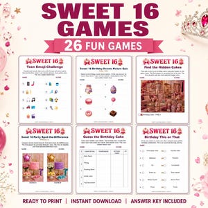 Sweet 16 Games Bundle, 26 Printable Party Games, Instant Download, Letter A4, 1up 2up, Answer Keys