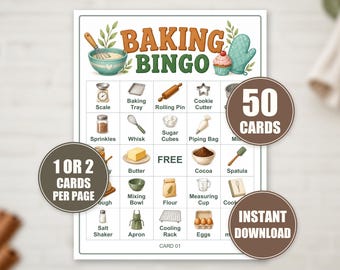 Puede incluir: Una tarjeta de juego Baking Bingo con ilustraciones de utensilios de cocina e ingredientes como una báscula, un rodillo, un batidor y huevos. El título dice Baking Bingo e incluye texto sobre 50 cards, 1 or 2 cards per page y instant download.