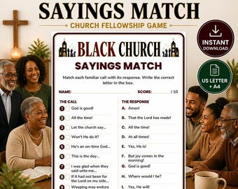 Black Church Sayings Match Printable Game, African American Church Fellowship Activity PDF