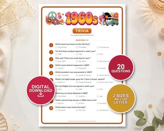 Gioco a quiz sugli anni '60 / Quiz per feste a tema anni '60 (Download PDF)