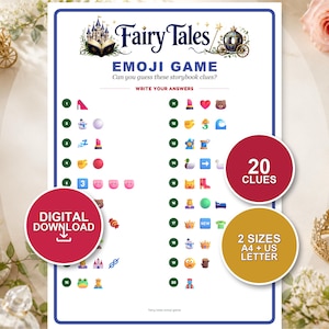 May include: A white paper game sheet titled Fairy Tales Emoji Game with a blue border. The sheet features twenty numbered lines, each containing a sequence of emojis representing storybook clues, with space provided to write your answers.