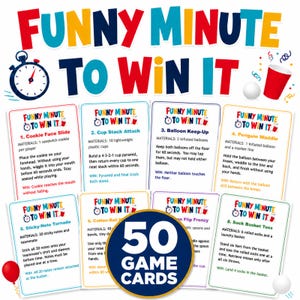 Puede incluir: Un juego de 50 cartas Funny Minute To Win It con texto colorido e ilustraciones de un cronómetro, un vaso rojo y una pelota blanca. Cada tarjeta detalla un desafío específico, los materiales necesarios y las condiciones para ganar.