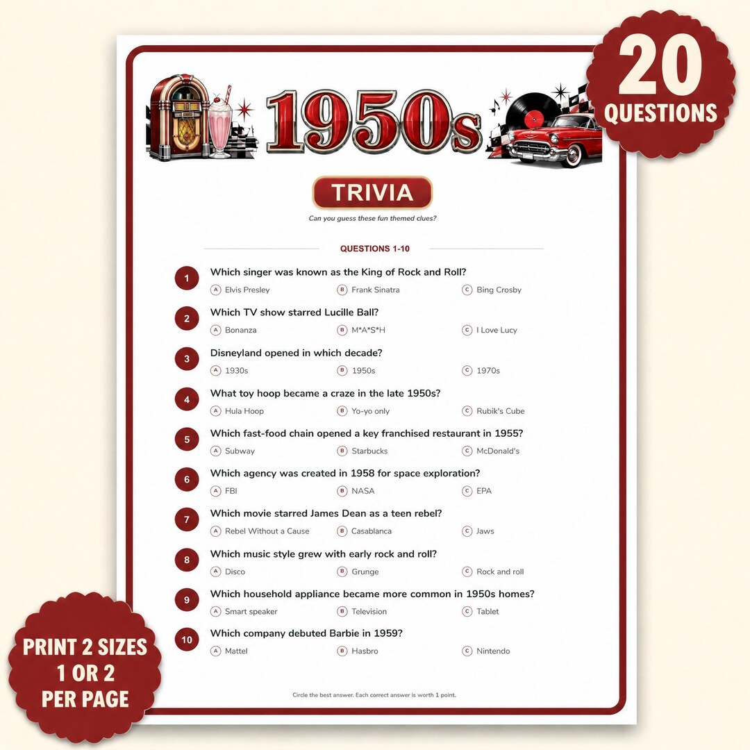 1950s Trivia Game Printable | Fifties Decade Party Quiz | Senior