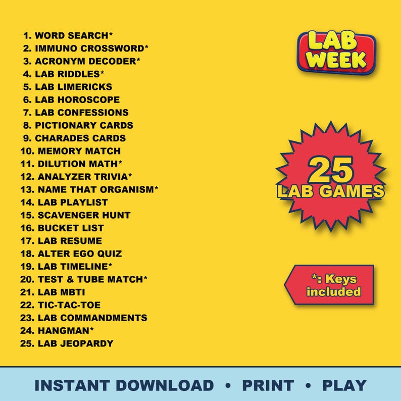 Lab Week Trivia Questions Lab Week Games Bundle Vol. 2 | 25 Printable Activities, Host Guide (PDF ...
