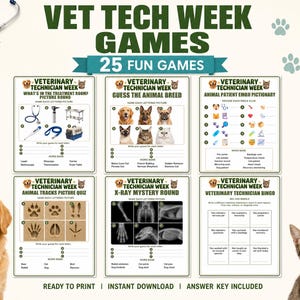 May include: A collection of six printable game sheets for Vet Tech Week, featuring activities like animal breed guessing, emoji pictionary, animal tracks quiz, X-ray mystery, and bingo. The sheets include text, illustrations, and a word bank.