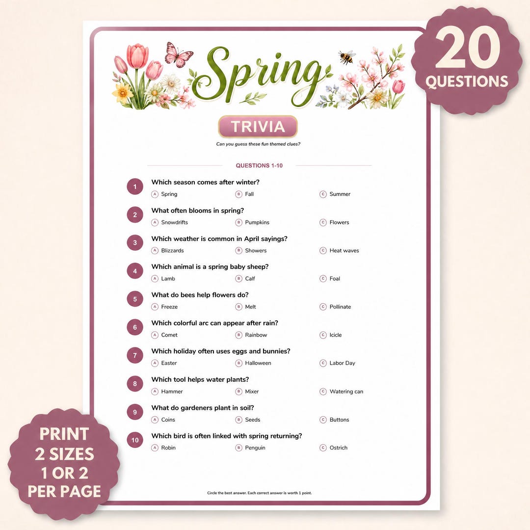 Spring Quiz Worksheet Spring Trivia Game Printable | Family Spring Activity | Garden Party ...