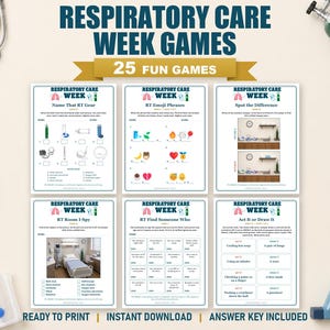 May include: A collection of six printable game sheets titled Respiratory Care Week Games, featuring activities like Name That RT Gear, RT Emoji Phrases, Spot the Difference, RT Room I-Spy, RT Find Someone Who, and Act It or Draw It, with medical icons.
