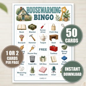 Housewarming Bingo Printable, 50 Picture Cards for New Home Parties, Household Themed Game PDF with Calling Cards and Tokens