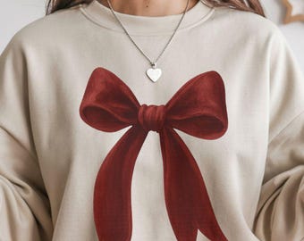 Valentines Bow Sweatshirt, Vintage Pullover, Cozy Red Winter Shirt