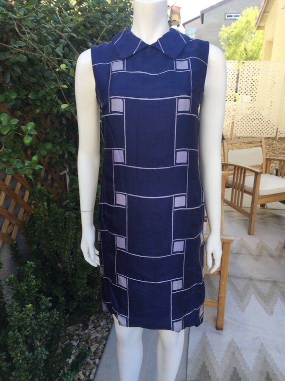 Sixties Mini Silk Shift Dress Plaid with Peter Pan