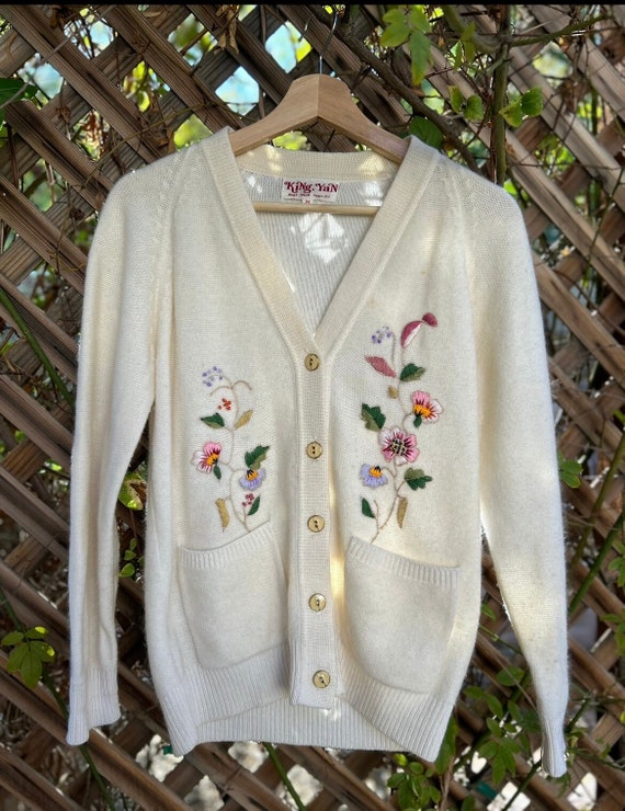 Cardigan Vintage Années 50 En Dentelle Chantilly - Brodé De Roses, Manches 3/4 Cloche, Couleur Ivoire