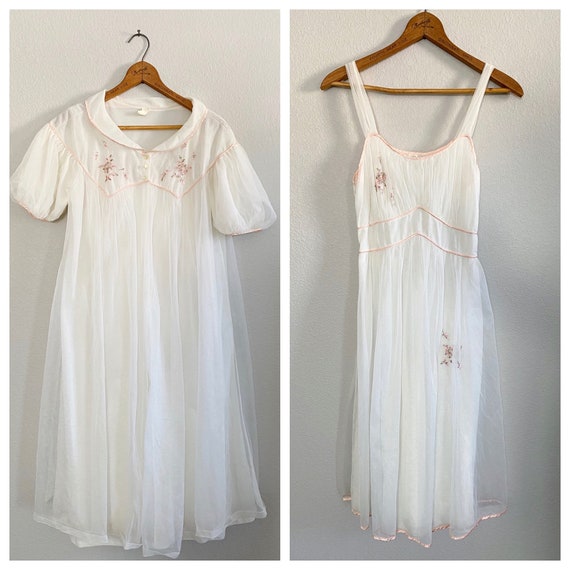 Sixties Night Gown Set Embroidered Cream Floral C… - image 1