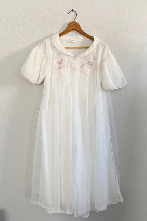 Sixties Night Gown Set Embroidered Cream Floral C… - image 3