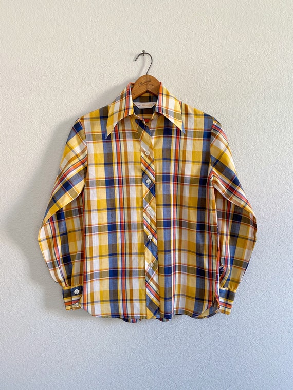 1970s Wrangler Western Plaid Button-up Long Sleev… - image 1