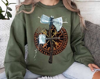 Thor Hammer & Axe Graphic Unisex Sweatshirt, Mjolnir Stormbreaker Design, Norse God Lightning Crewneck, Superhero Fan Streetwear Gift