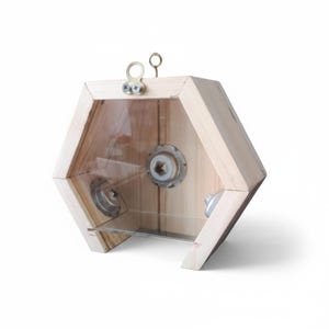 Könnte beinhalten: Ein sechseckiges Vogelhaus aus Holz mit einer transparenten Frontplatte. Das Vogelhaus hat eine natürliche Holzoberfläche und Metallbeschläge, darunter eine kleine Aufhängeschlaufe und Schrauben. Der Innenraum ist durch die transparente Platte sichtbar.