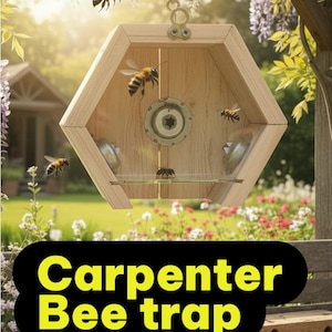 Könnte beinhalten: Eine sechseckige Holzbienenfalle, die an einem Seil hängt, mit mehreren Bienen, die um sie herumfliegen. Die Falle hat ein klares Glasregal und eine Metallmitte. Der Text "Carpenter Bee trap" wird in Gelb auf schwarzem Hintergrund angezeigt.