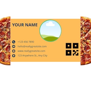 May include: A business card design featuring two halves of a pepperoni pizza framing a light orange background. The card includes contact information, a logo, and the text "YOUR NAME".