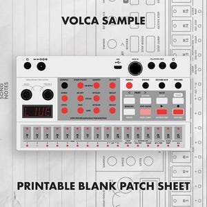 May include: A white Volca Sample synthesizer overlay featuring red circular knobs, black buttons, and a digital display showing the text LIVE. The device includes labels for sample, start point, length, hi cut, tempo, swing, reverb mix, and volume.