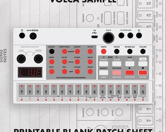May include: A white Volca Sample synthesizer overlay featuring red circular knobs, black buttons, and a digital display showing the text LIVE. The device includes labels for sample, start point, length, hi cut, tempo, swing, reverb mix, and volume.