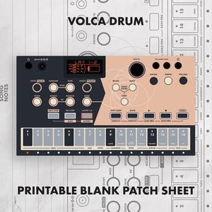 May include: A Volca Drum digital percussion synthesizer featuring a dark gray and peach-colored control panel with various knobs, buttons, and a small digital display. The device includes a sixteen-step sequencer and labeled controls.