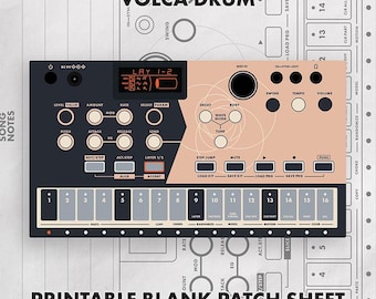 May include: A Volca Drum digital percussion synthesizer featuring a dark gray and peach-colored control panel with various knobs, buttons, and a small digital display. The device includes a sixteen-step sequencer and labeled controls.