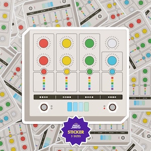 Puede incluir: Una pegatina blanca con un diseño de panel de control con elementos circulares rojos, amarillos, verdes y azules. El panel tiene indicadores de arcoíris y el texto "STICKER 3 SIZES" en una estrella púrpura.