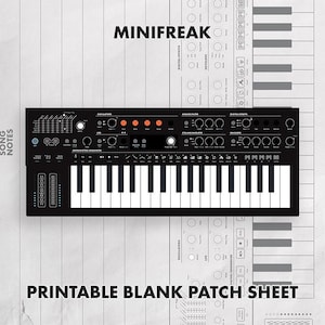 Può includere: Un sintetizzatore Minifreak nero con tasti bianchi, numerose manopole di controllo e pulsanti, visualizzato su un foglio di patch vuoto stampabile grigio chiaro con diagrammi tecnici e il testo MINIFREAK e PRINTABLE BLANK PATCH SHEET.