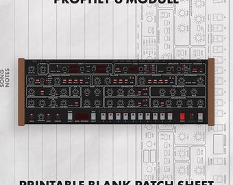 May include: A Prophet-6 Module synthesizer graphic on a printable blank patch sheet. The black control panel features numerous knobs, switches, and buttons with white labels. The text PROPHET-6 MODULE and PRINTABLE BLANK PATCH SHEET appear.