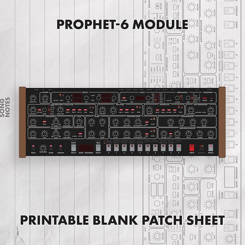 Sequential Prophet 6 Module printable blank patch sheet PDF — a synth documentation template for owners, instant digital download