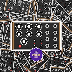 May include: A sticker featuring a black synthesizer module with white knobs and red accents. The sticker has a brown border and is surrounded by other similar stickers. A purple sticker with the text "PATCH SHEETS STICKER 3 SIZES" is also visible.