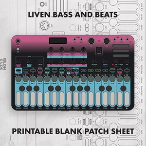 Puede incluir: Un gráfico de la interfaz del sintetizador Liven Bass and Beats con una sección superior en degradado rosa y negro con perillas de control y una sección inferior azul con dieciséis botones circulares y dieciséis teclas rectangulares.