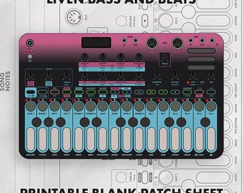 May include: A Liven Bass and Beats synthesizer interface graphic featuring a pink and black gradient top section with control knobs and a blue lower section with sixteen circular buttons and sixteen rectangular keys labeled with various drum functions.