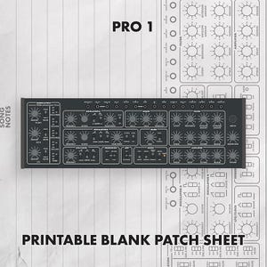 Puede incluir: Una hoja de parches en blanco imprimible en blanco y negro para un sintetizador Pro 1. El diseño presenta una representación gráfica detallada del panel de control del sintetizador, incluyendo numerosos mandos, interruptores y conectores sobre un fondo de papel rayado.