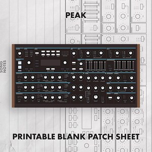 Può includere: Un grafico del pannello di controllo di un sintetizzatore in nero e marrone con numerose manopole, cursori e pulsanti con accenti blu. Il testo PEAK è visibile in alto e PRINTABLE BLANK PATCH SHEET è in basso nella pagina.
