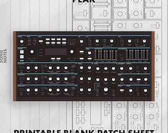 May include: A black and brown synthesizer control panel graphic featuring numerous knobs, sliders, and buttons with blue accents. The text PEAK is visible at the top, and the text PRINTABLE BLANK PATCH SHEET is at the bottom of the page.