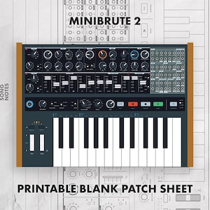 Puede incluir: Una hoja de parches en blanco imprimible para Minibrute 2 que presenta una ilustración gráfica detallada de un panel de control de sintetizador con numerosos mandos, deslizadores, un teclado y puntos de conexión. El texto dice MINIBRUTE 2.