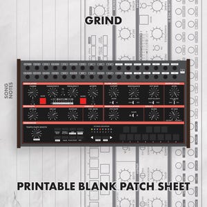 Puede incluir: Hoja de parches en blanco imprimible para sintetizador, con un diseño detallado de controles y etiquetas. El diseño incluye secciones para oscilador, filtro y modulación, con la palabra "GRIND" en la parte superior. El texto "PRINTABLE BLANK PATCH SHEET" está en la parte inferior.