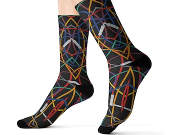 Colorful Neon Wire Abstract Sublimation Socks | Black Background