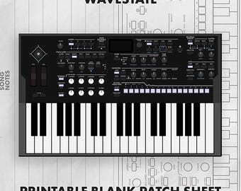May include: A black digital synthesizer keyboard with a control panel featuring numerous knobs, buttons, and a small screen. The text WAVESTATE is printed above the keyboard, and the text PRINTABLE BLANK PATCH SHEET is printed below it.