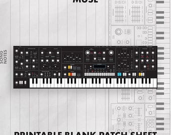 May include: A printable blank patch sheet featuring a black synthesizer graphic with white keys, knobs, and sliders. The text MUSE and SONG NOTES appear on the page, which includes a detailed layout of the synthesizer interface for sound design.