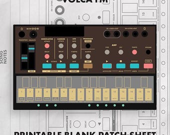 May include: A Volca FM synthesizer interface illustration featuring a dark brown control panel with various knobs, buttons, and sliders, positioned above a light tan sixteen-step sequencer keyboard. The text reads Volca FM and Printable Blank Patch Sheet.