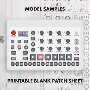 Könnte beinhalten: Ein weißes Interface für einen elektronischen Musik-Sampler mit einem Raster aus nummerierten Tasten, Drehreglern und einem kleinen digitalen Display. Das Gerät enthält Beschriftungen wie PITCH, DECAY, SAMPLE START und T1 bis T6.