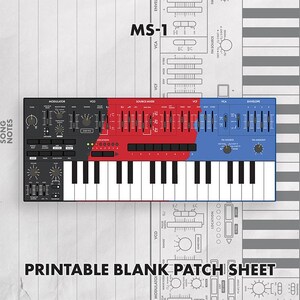 May include: A synthesizer keyboard featuring a black, red, and blue control panel with numerous sliders, knobs, and buttons. The device is displayed over a technical diagram background with the text MS-1 and PRINTABLE BLANK PATCH SHEET.